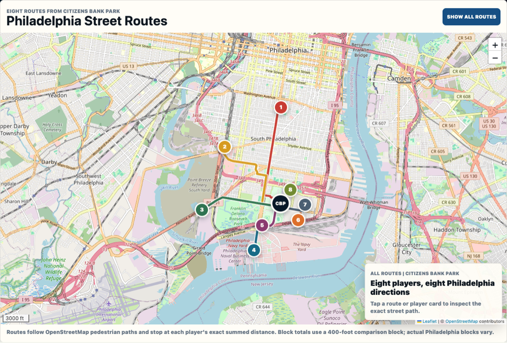 Miniature preview of the real interactive Philadelphia Home Run Derby street-route map.